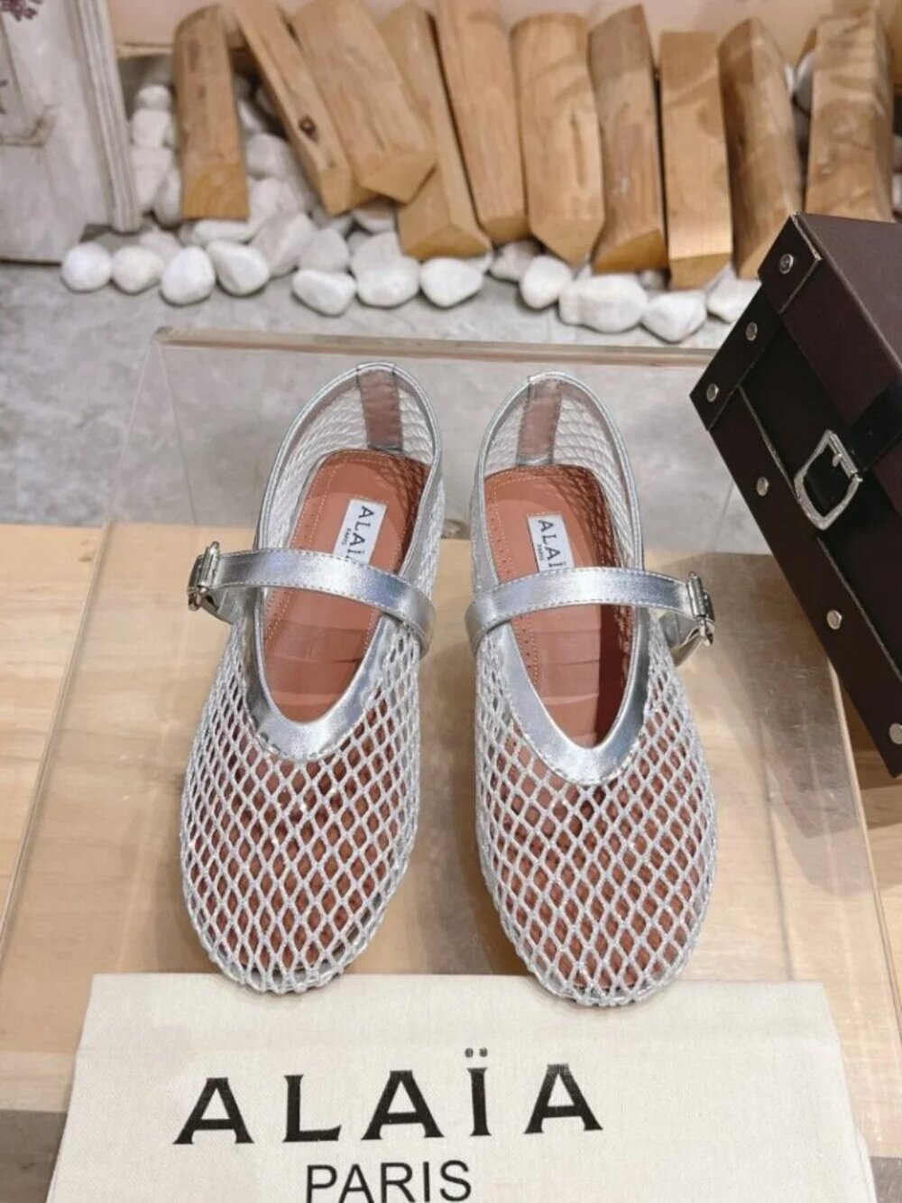 Alaia Silver Metallic Fishnet Mesh Mary Jane Flat Shoes